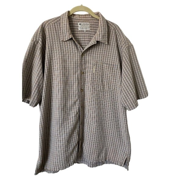 COLUMBIA Grey Short Sleeve Button Cotton Plaid Checkered Shirt Men's SZ XL - Picture 1 of 6